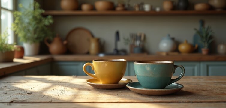Two ceramic cups sit on a weathered wood table near a sunlit window. The kitchen backdrop has shelves with pottery and plants. Morning light streams across the scene.