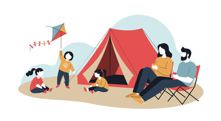 Fototapeta premium Vector illustration of a happy family including parents and three young children enjoying a camping trip together near a red tent outdoors.