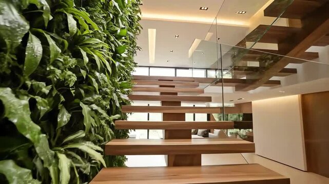 Open staircase with floating wood treads, glass railing, vertical garden feature, and soft ceiling lights. 4k resolution video 30fps.