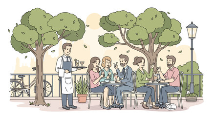 A waiter serves drinks to a group of friends enjoying a meal at an outdoor cafe under the shade of trees.