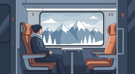 A person in a warm hat and scarf sits by the window of a train, gazing at a snowy mountain landscape.