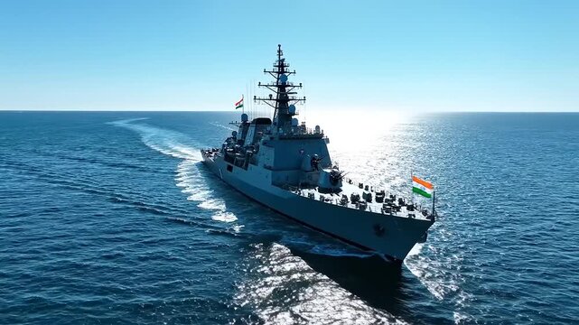 A powerful Indian Navy destroyer cuts through the vast blue ocean, leaving a white wake under a clear sky, symbolizing strength and maritime defense
