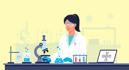 A female scientist in a lab coat and safety goggles conducts an experiment with a microscope and beakers.