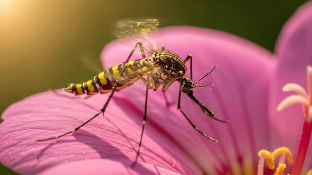 Tiny Tiger Mosquito Sips Nectar from Vibrant Pink Flower.