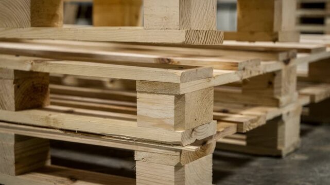 Closeup medium shot of crafting exportgrade wooden pallets highlighting precise shaping of skid blocks and stringers for secure shipping and stacking.