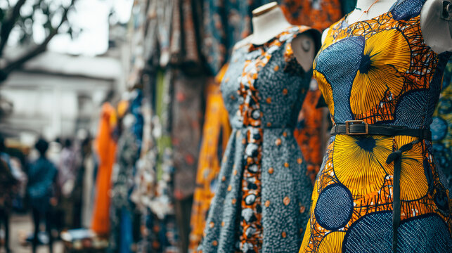 Nairobi Fashion Week, Mannequins displaying bold African patterned dresses in outdoor fashion market exhibit during Nairobi Fashion Week clothing showcase event