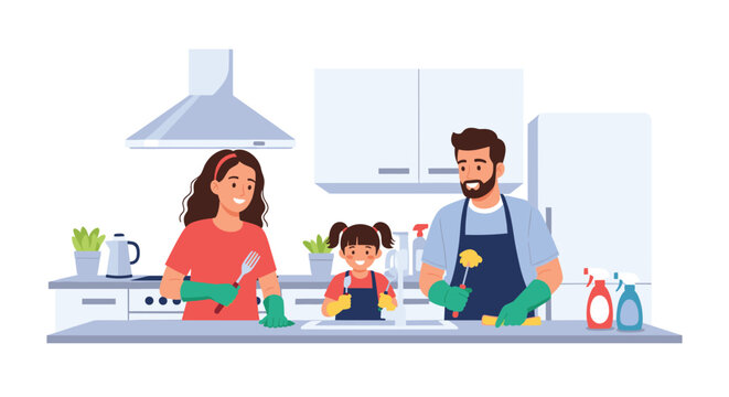 Happy family with father mother and young daughter working together to clean their kitchen wearing protective gloves for household chores concept.