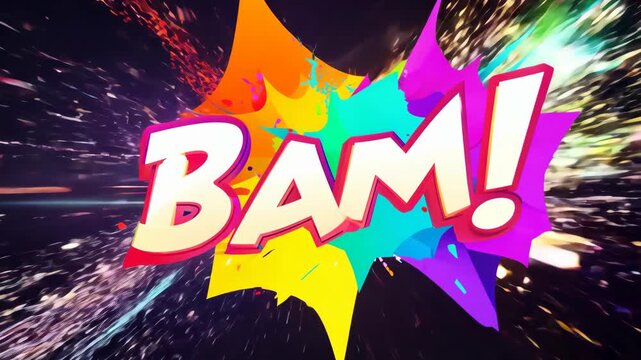 A dynamic and colorful comic-style animation featuring the text "BAM!" in bold, vibrant colors against a dark background. 4k Video footage.