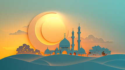 Obraz premium A serene mosque landscape at dusk with crescent moon and sun silhouette