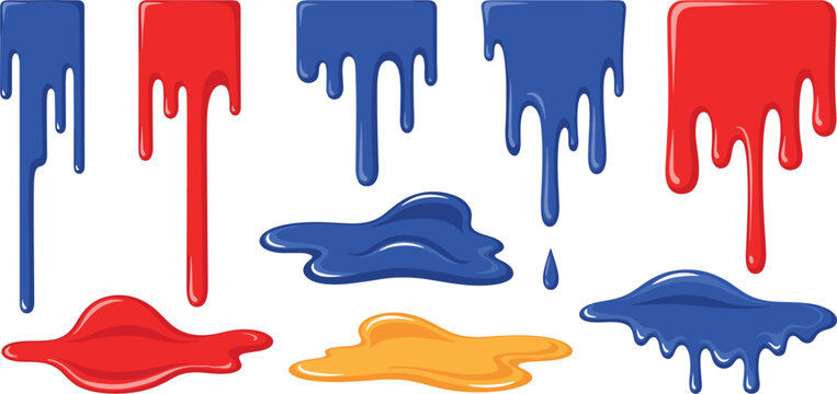 Colorful dripping paint vector set with blue red and yellow liquid splashes melting drops and glossy slime puddles for creative artistic background design elements.