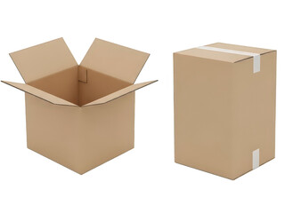 Brown cardboard box with open top and closed box on white background