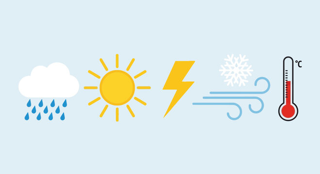Weather Icons: Rain, Sun, Lightning, Wind, Snowflake, Thermometer