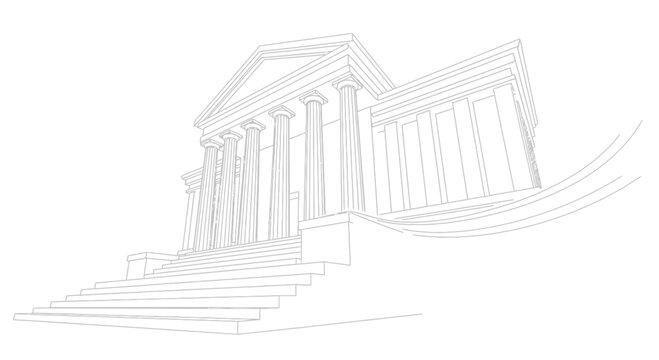 Neoclassical Building Facade with Columns and Stairs, Architectural Sketch