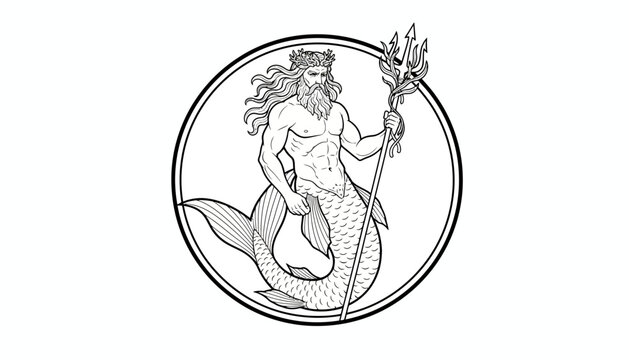 Neptune God of the Sea with Trident and Fish Tail, Mythological Creature, Black and White Line Art