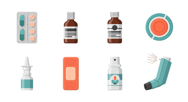 Medical and Health Icons: Pills, Bottles, Bandage, Inhaler, Nasal Spray