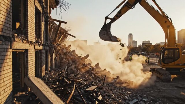 Heavy Excavator Demolishing Brick Building with Dust and Debris on Construction Site with City Skyline