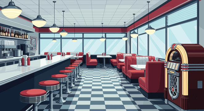 Classic American diner interior features red booths, a checkered floor, stools at the counter, and a vintage retro jukebox.
