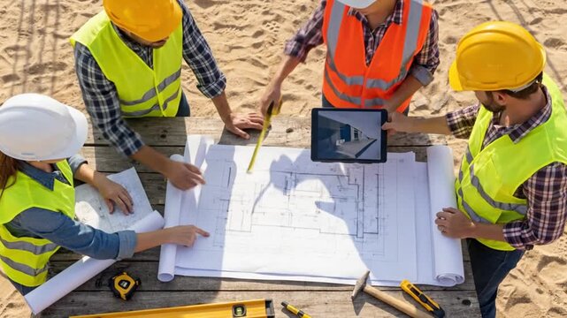 Group of Construction Workers Collaborating on Architectural Blueprints at Busy Building Site Wearing Safety Gear