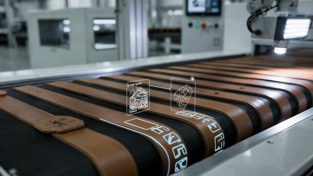 Medium shot showing AIdriven vision system scanning leather strap cuts separating highquality sections from blemished parts with precision in an automated production line.