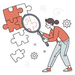 Fototapeta premium Woman using a magnifying glass to examine puzzle pieces