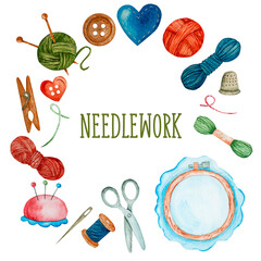 Watercolor needlework frame with sewing and knitting tools arranged in a circular border and copy space. Hand painted craft elements including yarn, scissors, needles, buttons and embroidery hoop for 