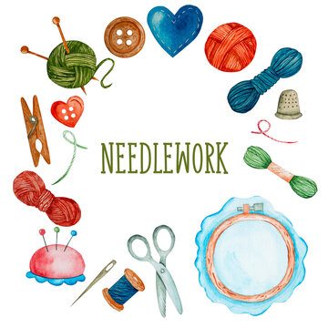 Watercolor needlework frame with sewing and knitting tools arranged in a circular border and copy space. Hand painted craft elements including yarn, scissors, needles, buttons and embroidery hoop for 