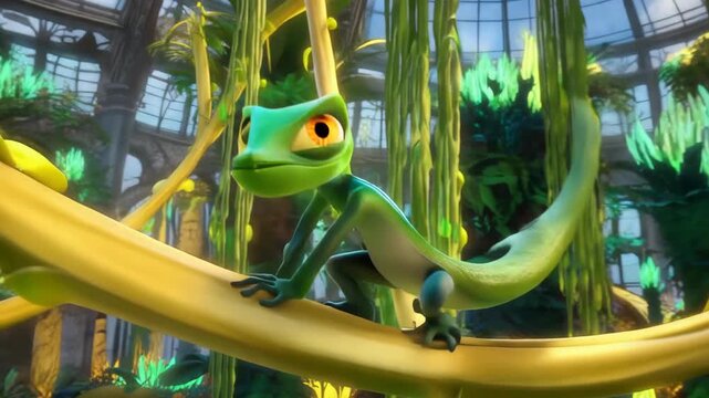Animated green gecko climbing in a lush greenhouse setting,cartoon lizard character with big eyes,childrens story illustration