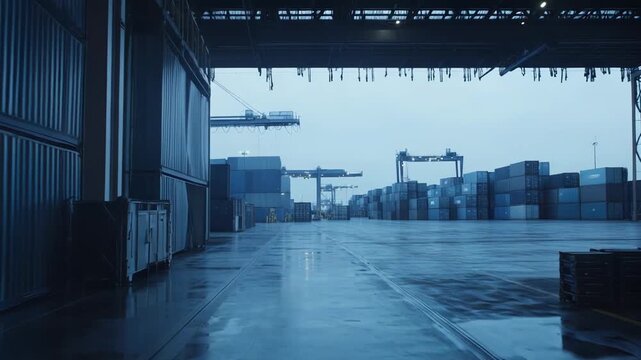 Stacks of intermodal shipping containers and gantry cranes at a large port terminal, highlighting the global logistics, transport, and freight industry operations