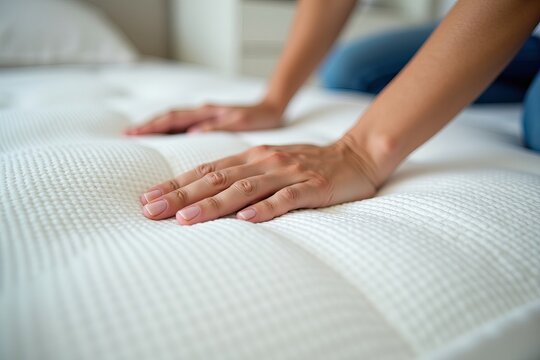 Woman's hand pressing down on orthopedic memory foam core mattress to demonstrate comfort and support.