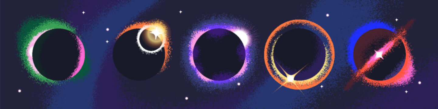 Total solar eclipse set. Planets with blazing, glowing orbits. Celestial edges of light and stars in space. Globes in dark cosmos. Astronomical phenomenon. Flat isolated vector illustrations