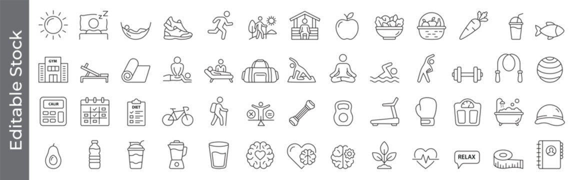 Healthy lifestyle and wellness icon set &ndash; editable outline symbols of fitness, nutrition, exercise, meditation, gym and self care