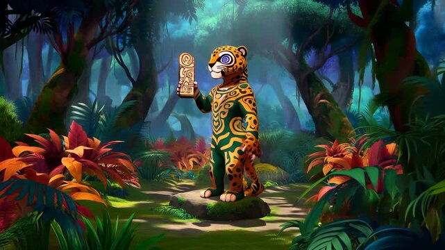 Animated jaguar character in lush jungle holding tablet with maya glyphs cultural heritage illustration
