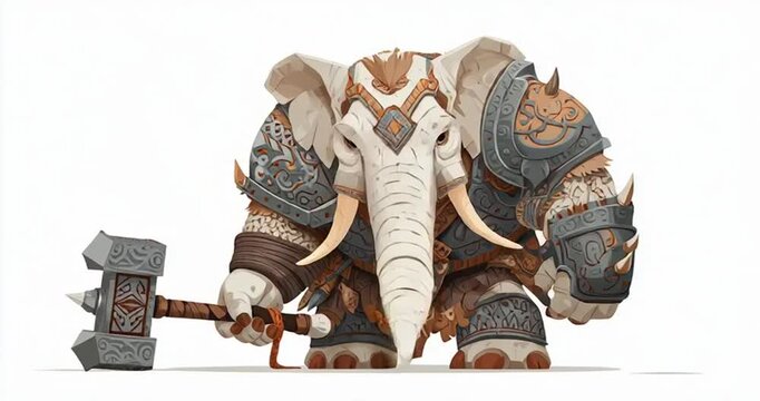 Illustration of white and brown Elephant vector warrior with hammer