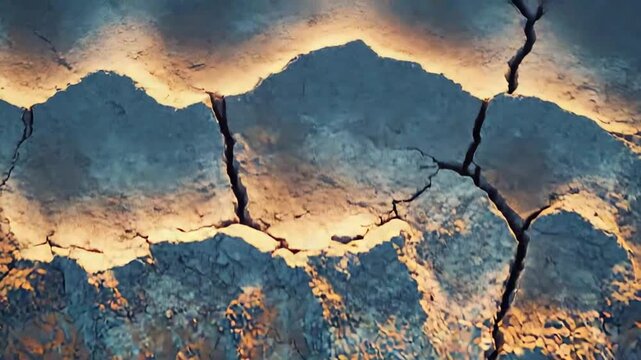 Dry, cracked earth texture creating a pattern of fissures under warm sunset light, symbolizing drought, aridity, and the impact of climate variations on natural environments