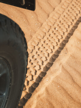 View of a vehicle's tire and a tire track imprinted on the expansive, golden sand, creating a compelling contrast of texture and depth, Walvis Bay, Namibia.