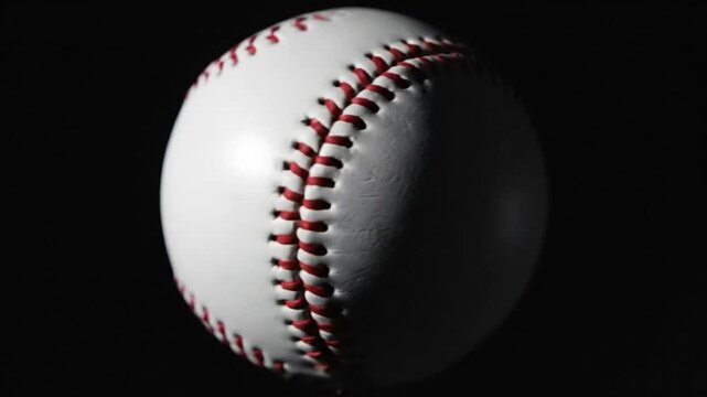 Rotating close up of a white baseball with red stitching against a black background