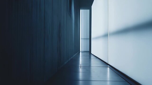 Dark futuristic corridor presenting minimalist architecture with parallel lines, vertical lights, and smooth surfaces leading to an unseen destination, reflecting modern design innovation