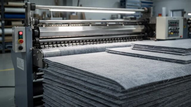 Medium shot of an industrial diecutting machine slicing through thick microfiber fabric layers showcasing precision and clean synthetic material sheets in a modern workshop.
