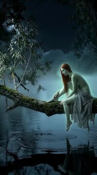 Cinematic dark fantasy portrait of a water nymph sitting on a branch, Slavic folklore rusalka, mystic swamp forest, night atmosphere