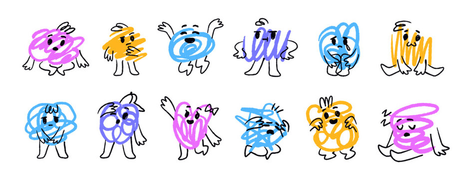 Abstract scribble characters with different emotions, expressions set. Colourful doodles with happy, sad, crying, scared and asleep faces. Hand drawn outline isolated vector illustrations on white