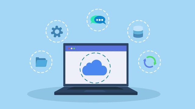 Flat vector animation of laptop with cloud communication symbol and connected service icons, representing messaging, data exchange, and online cloud technology.
