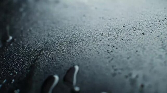 Water droplets and small puddles on a dark textured surface forming a fresh, wet macro background with condensation, reflections and subtle highlights for abstract use