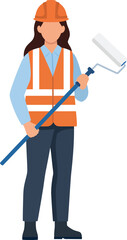Female construction worker holding paint roller in safety vest and helmet on site