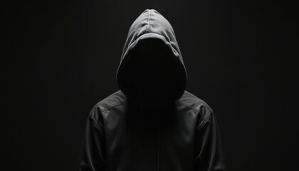 Person wears dark hooded jacket, face hidden in shadow. Mysterious figure stands against black backdrop. Anonymous individual poses, creating sense of mystery, secrecy, or threat.