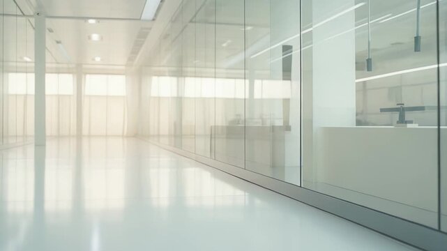 Bright and clean empty office corridor featuring transparent glass walls, polished floor, and minimalist architectural design, creating a sense of spaciousness and contemporary professionalism