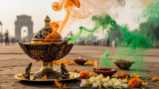 Smoke in the colors of the Indian flag rises from an ornate golden incense burner, with the colors of the Indian flag also visible in the background. Celebrating Indian Independence Day.	
