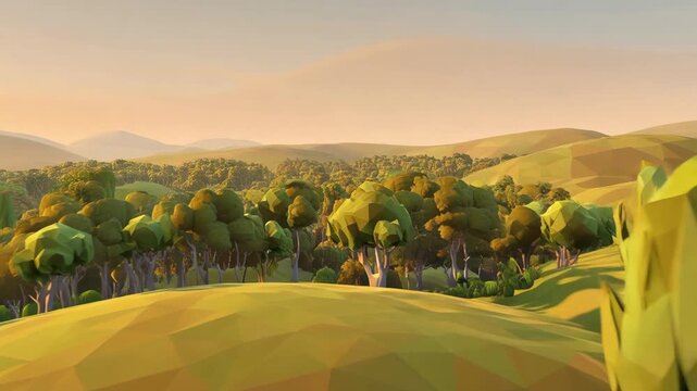 Animated low poly landscape with rolling hills and deciduous forest,golden hour lighting and peaceful tranquility,nature background with trees