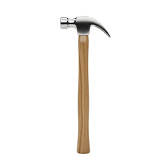 A hammer with a wooden handle and metal head is displayed upright