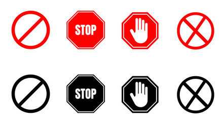 Warning sign icon, set of warning signs, stop, no entry, attention stop signals icons set	