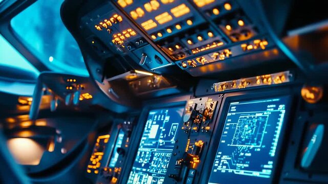 Aircraft cockpit displaying advanced digital avionics and control systems, creating a contemporary atmosphere with illuminated buttons and screens for piloting and navigation